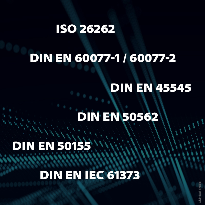 Normen und Standards für PCs in Schienenfahrzeugen, Verkehr und Infrastruktur: ISO 26262 • DIN EN IEC 61373 • DIN EN 60077-1 / 60077-2 • DIN EN 45545 • DIN EN 50562 • DIN EN 50155
